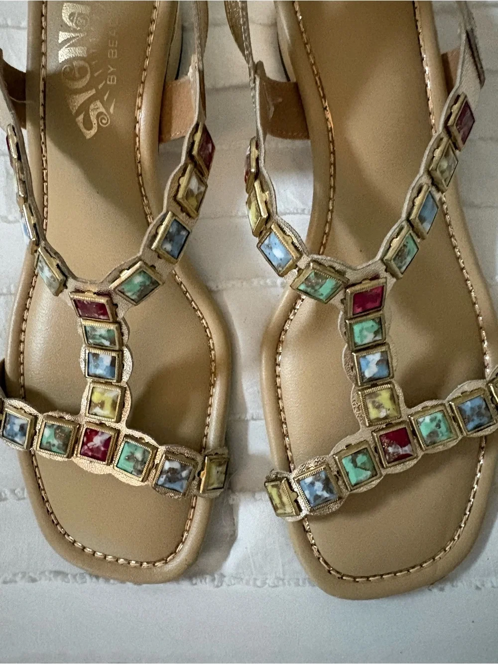 Beacon Tan T-Strap Sandals with Multicolor Gemstones